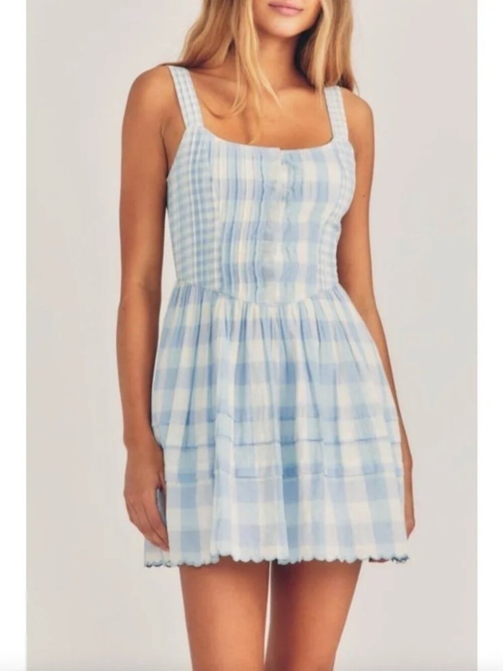 LoveShackFancy Chennedy Plaid Blue Patriot Scallop Hem Mini Dress Sz 4 NWOT New